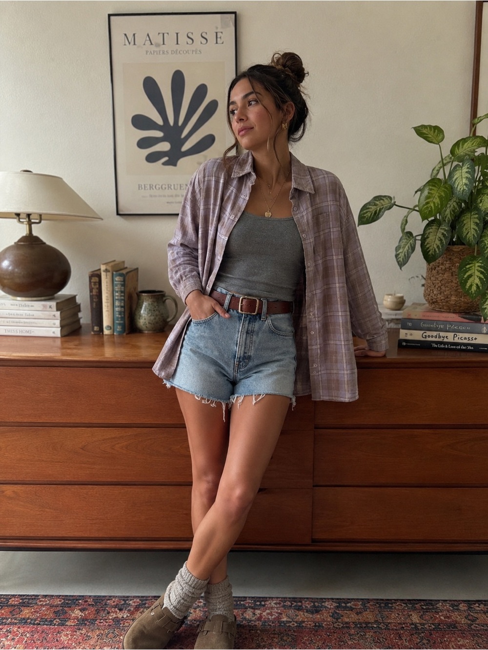 100% Cotten Women’s Gray and Purple Plaid Button-Down Shirt
